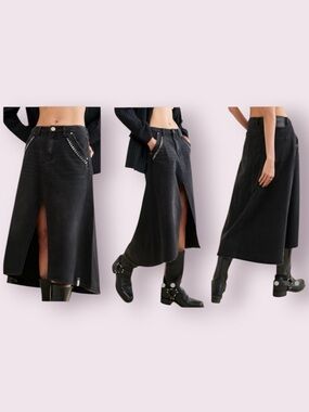 NWOT One Teaspoon Black Denim Midi Skirt Chain Pockets Goth Size 28 waist